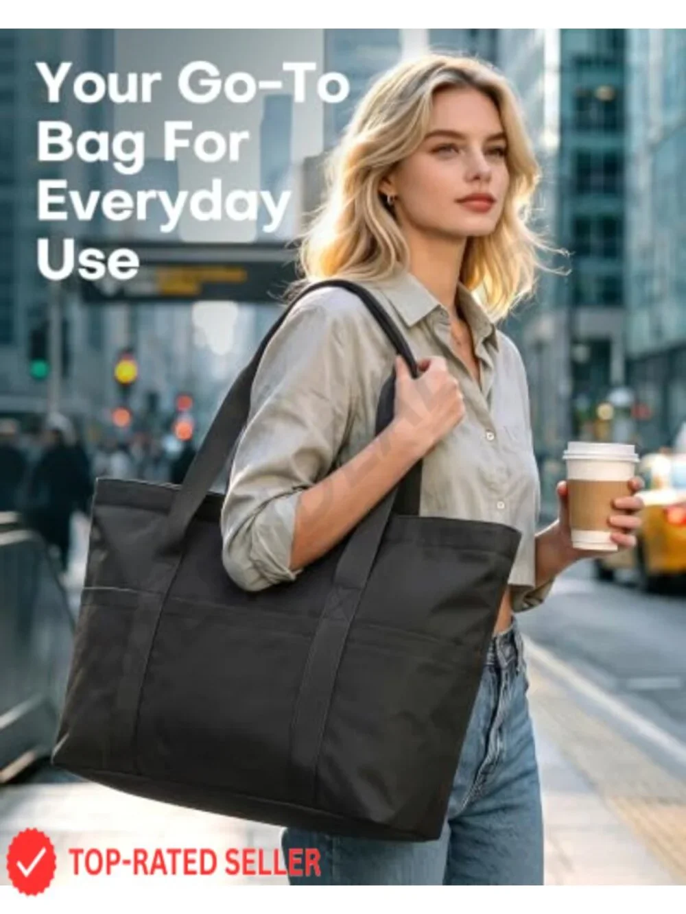 Large Foldable Tote Bag with Zipper and Pouch - Travel Shoulder Bag, Polyester
